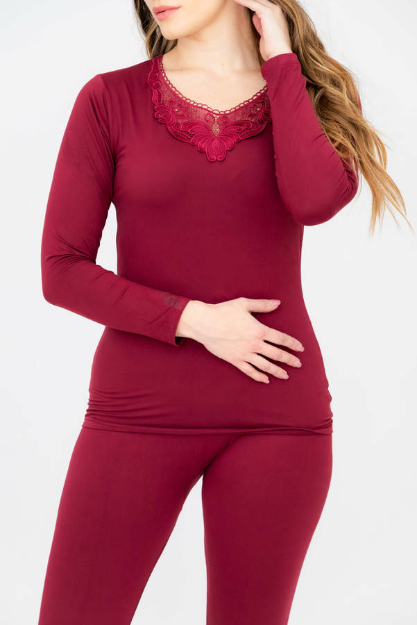 Womens Elegant Lace Collar Thermal Silk Cotton Underwear Pyjama Spencer Set