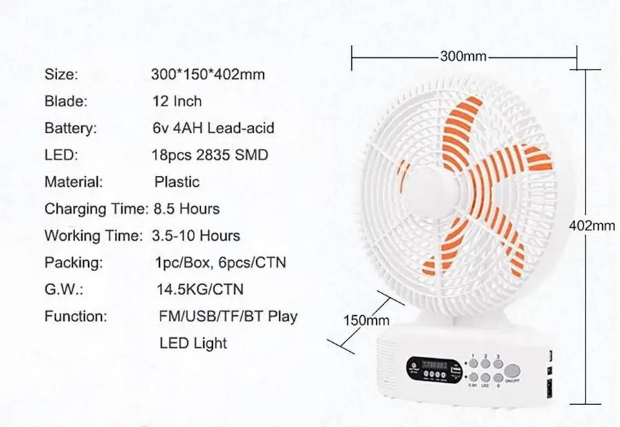 Smart 12 Inch Rechargeable Portable Table Fan with Built-in Speaker, LED Light, FM Radio, Powerbank