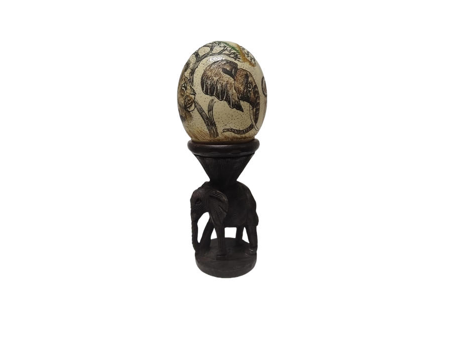 Hand-Carved Ostrich Egg with Wooden Stand  Unique Decor