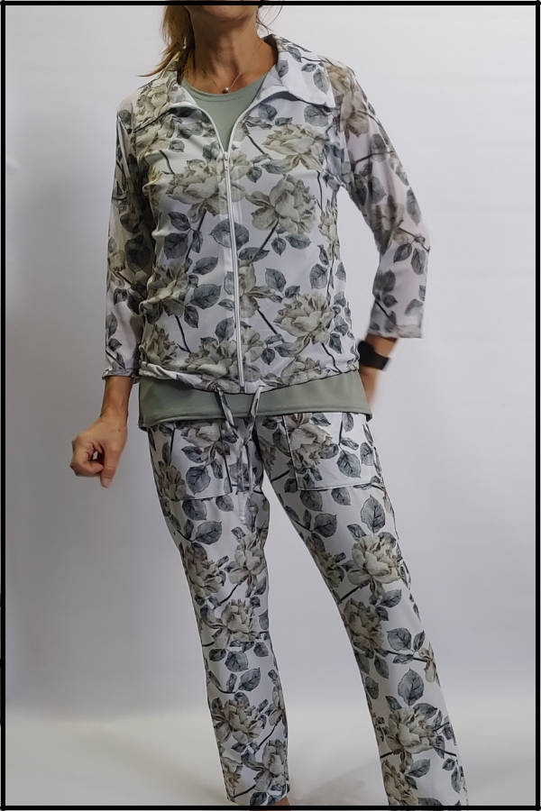 Grey Roses Zipper Top