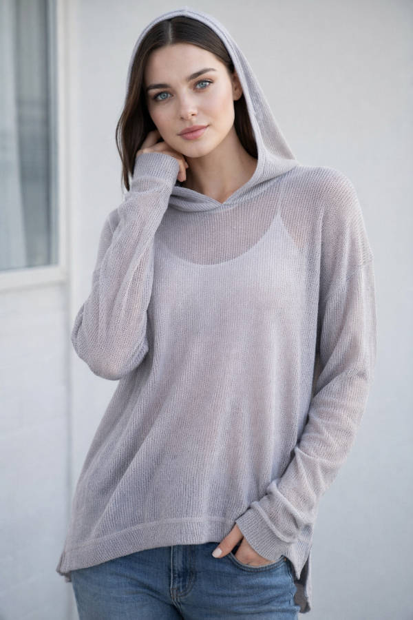 Grey Knitted Hoodie - M