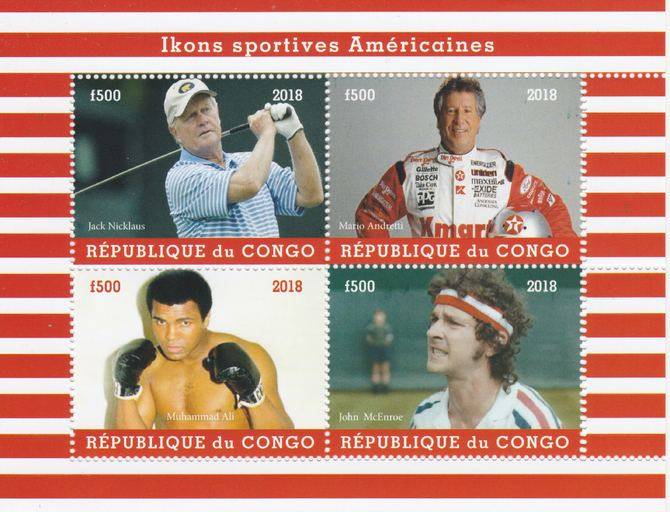 Congo 2018 Icons of American Sport #1 (Nicklaus,Andretti, M Ali & McEnroe) perf sheetlet containing