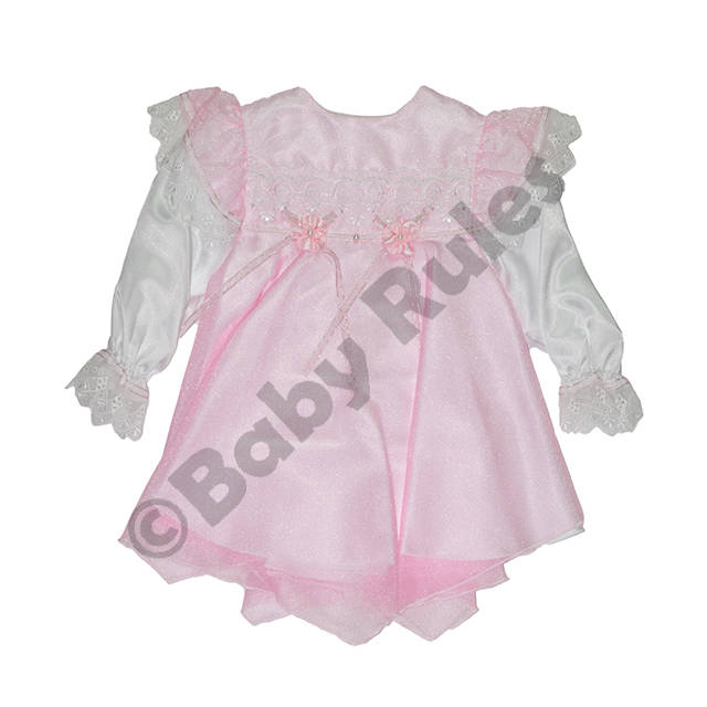 Christening Girls Pink Satin with pink chiffon overlay, pink flowers and ribbons