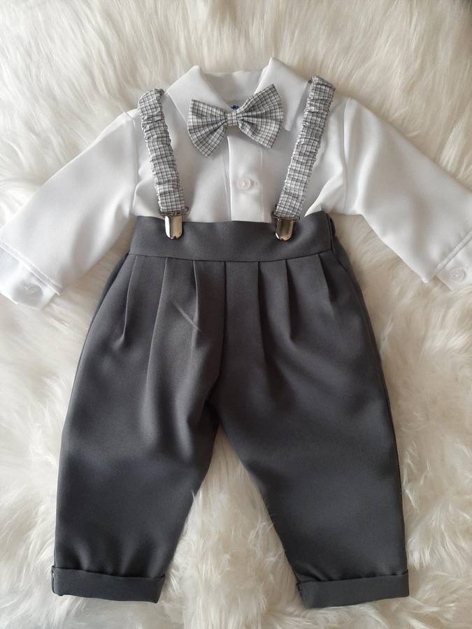 Christening Boys Long Dark Grey Pants and Grey Braces