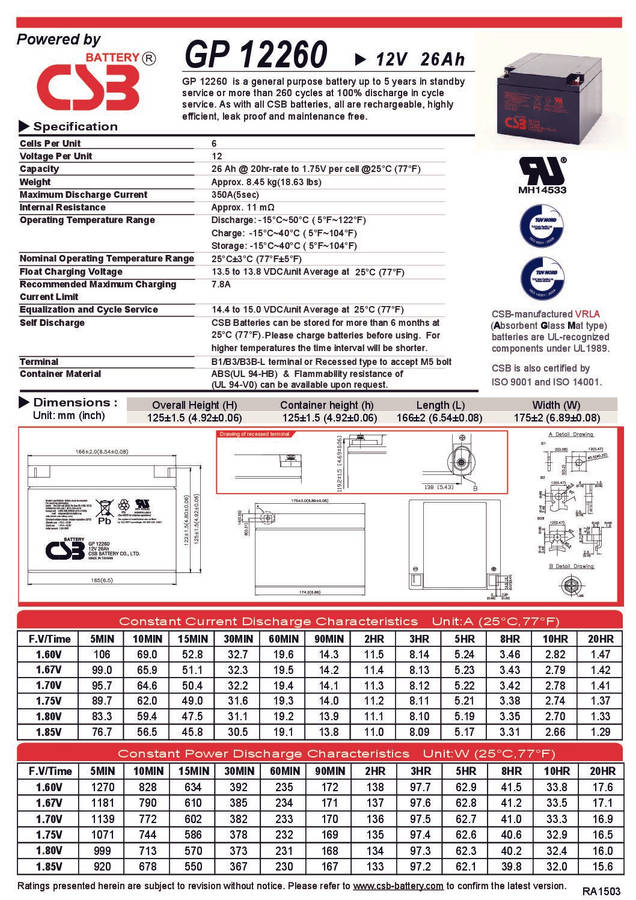 BW063  GP VB - GP Battery (Second Stock) Sealed  Lead Acid  12V 26A