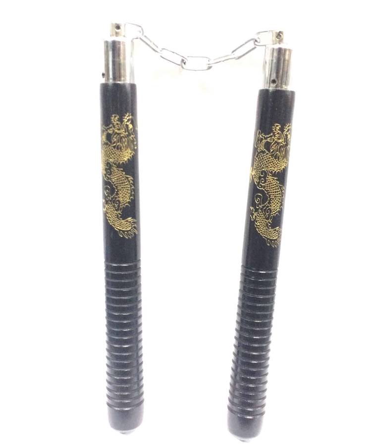NUNCHAKU CHAIN 12INCHES WOOD GOLD DRAGON