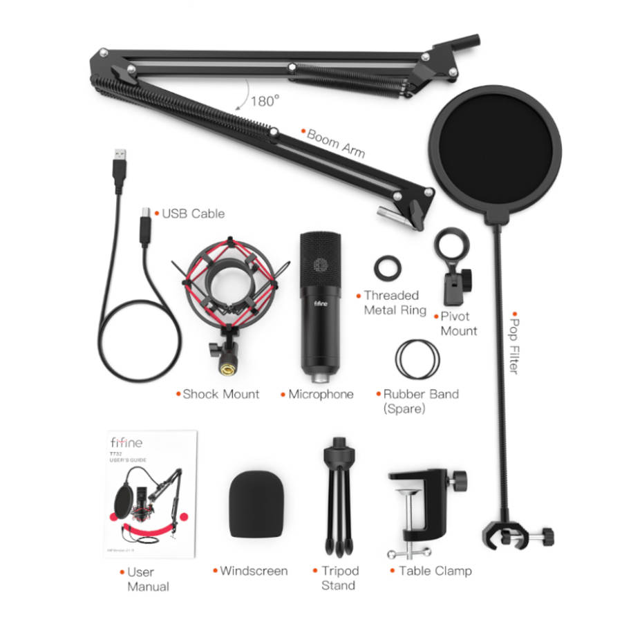 Fifine T732 USB Condensor Microphone with Arm Desk Mount Kit - Black