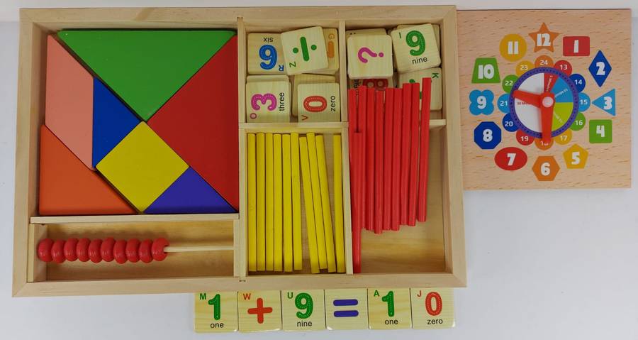 Digital clock + maths operation + tangram