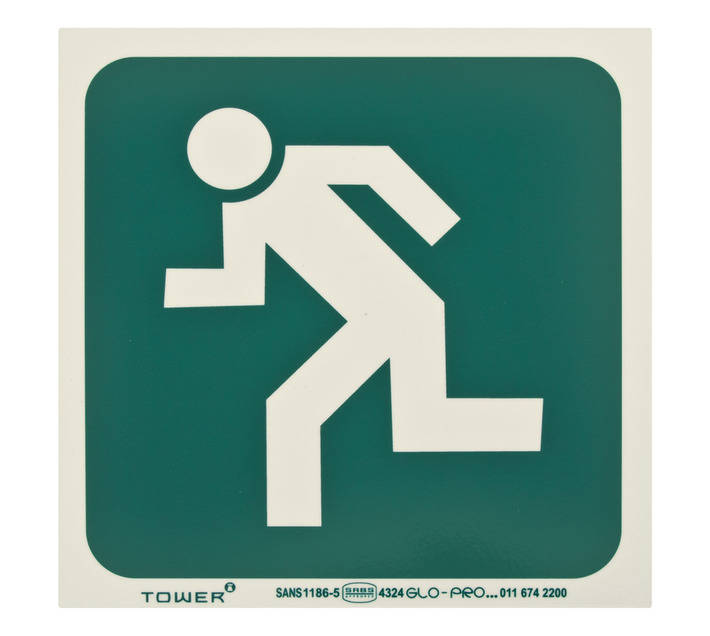 Tower Photoluminescent Man Running Left Sign - Green/White (190 x 190mm)