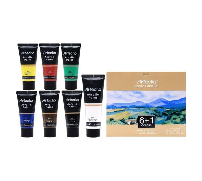 Artecho Acrylic Paint Set, 7 Primary Colours - 6 x 60ml and 1 x 120ml Titanium White