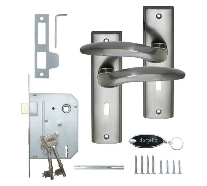 Dortello Tole Satin Nickel 3 Lever Lockset with Handles - Black