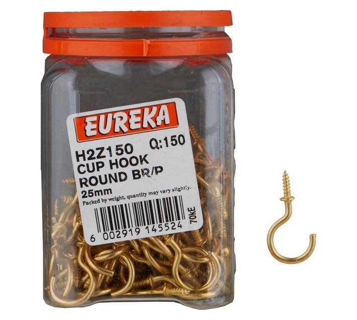 Eureka 150 x Brass Plated Round Cup Hooks (25mm)