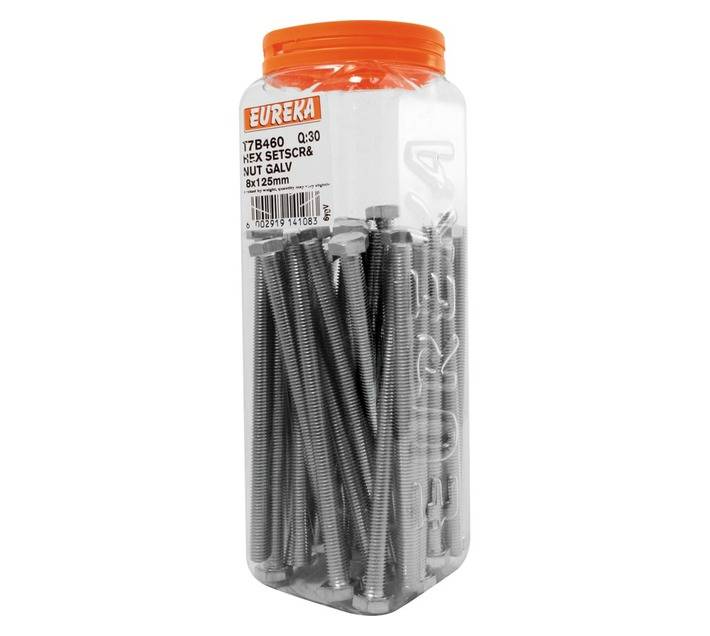 Eureka 8 x 125mm Galvanised Hex Set Screw and Nut (30 Pack)