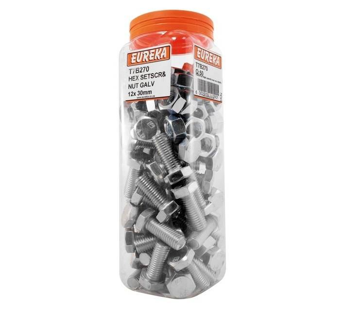 Eureka 12 x 30mm Galvanised Hex Set Screw and Nut (50 Pack)