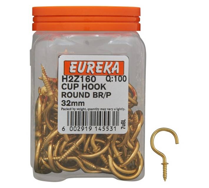 Eureka 100 x Brass Plated Round Cup Hooks (32mm)