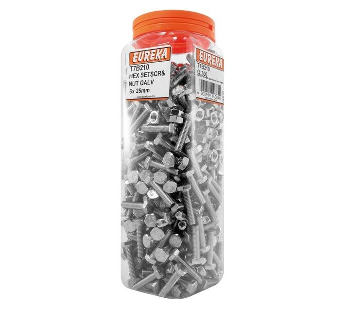 Eureka 6 x 25mm Galvanised Hex Set Screw and Nut (300 Pack)