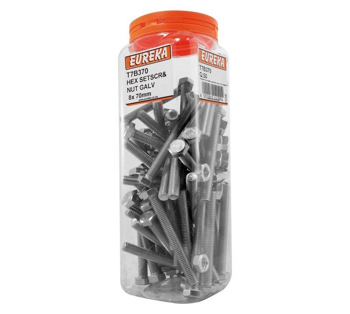 Eureka 8 x 70mm Galvanised Hex Set Screw and Nut (50 Pack)