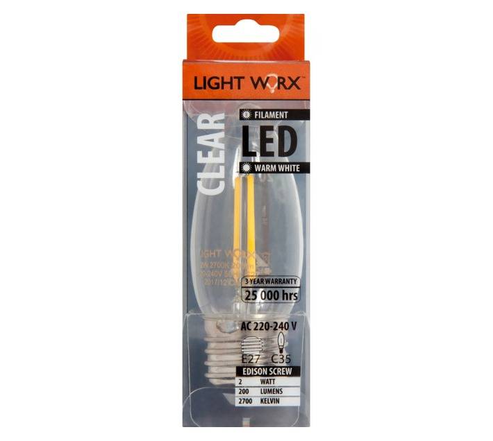 Lightworx LED E27 Filament Candle Bulbs - Clear (2w)