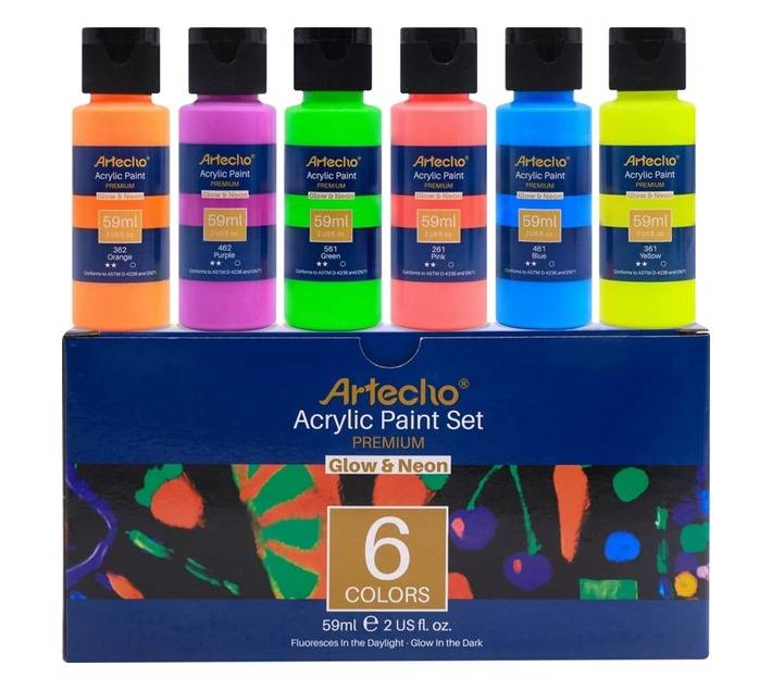 Artecho Glow in the Dark Paint - Set of 6 Colours (60ml)