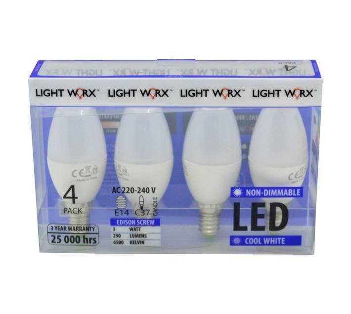 Lightworx 4 x LED E14 Candle Bulbs - Cool White (3w)