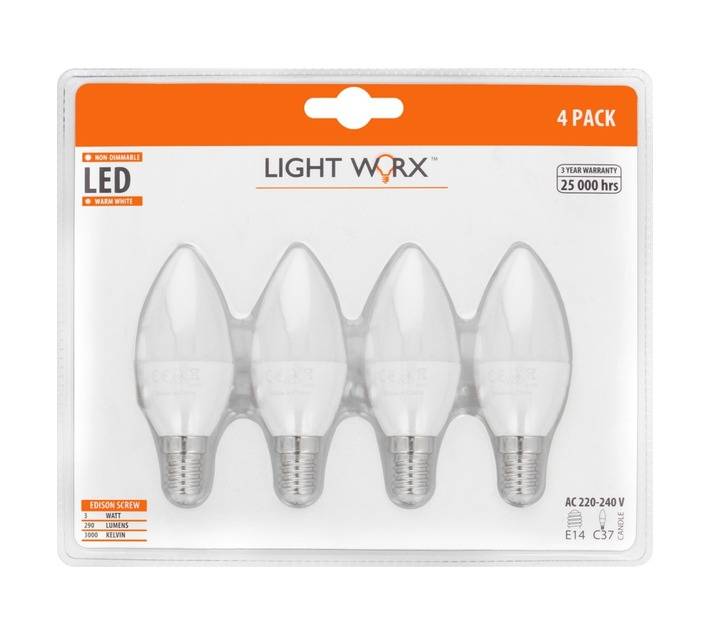 Lightworx 4 x LED E14 Candle Bulbs - Warm White (3w)