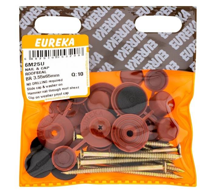 Eureka 10 x Roof Seal Nails and Caps - Brass (65 x 3.55mm)