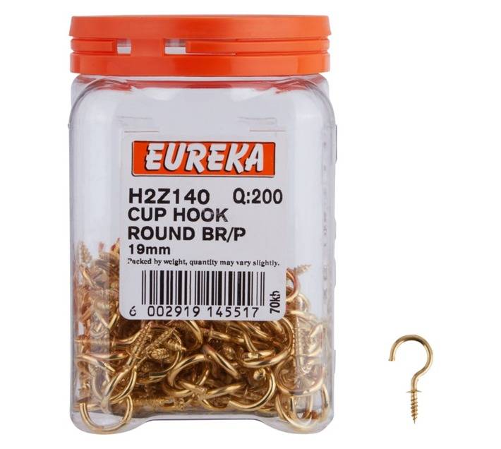 Eureka 200 x Brass Plated Round Cup Hooks (19mm)