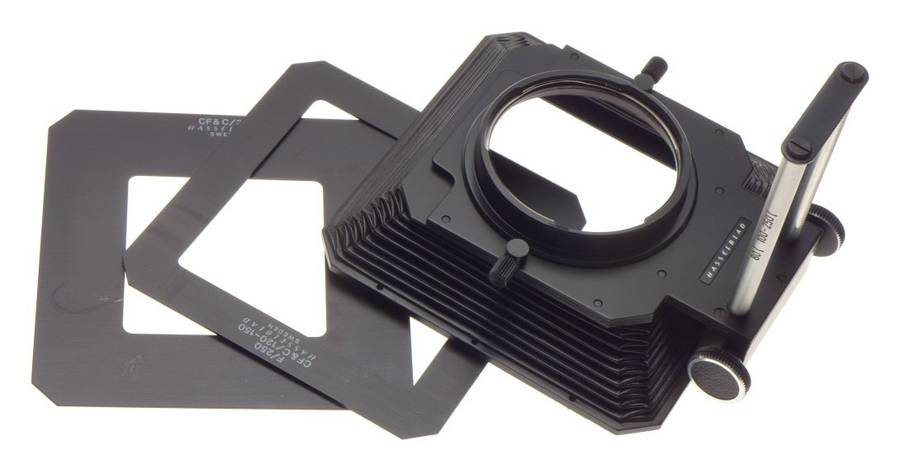 Lens hood Hasselblad bellows front lens attachment shade on rail with masks used