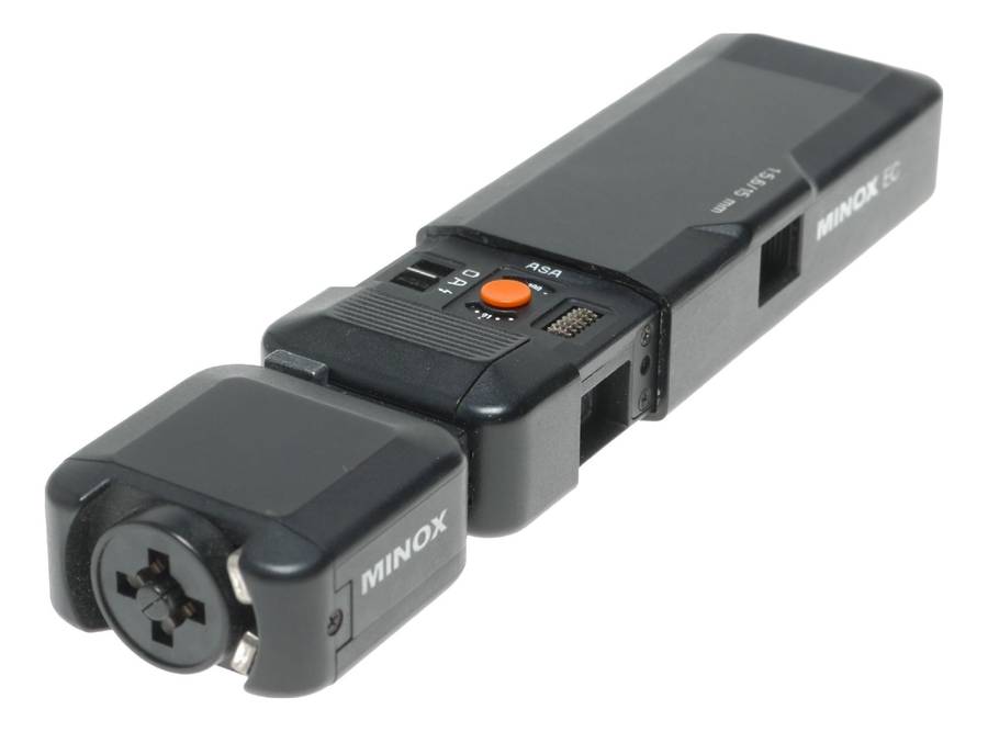 Minox EC spy sub-miniature camera with flash accessory Plus-X Pan expired film