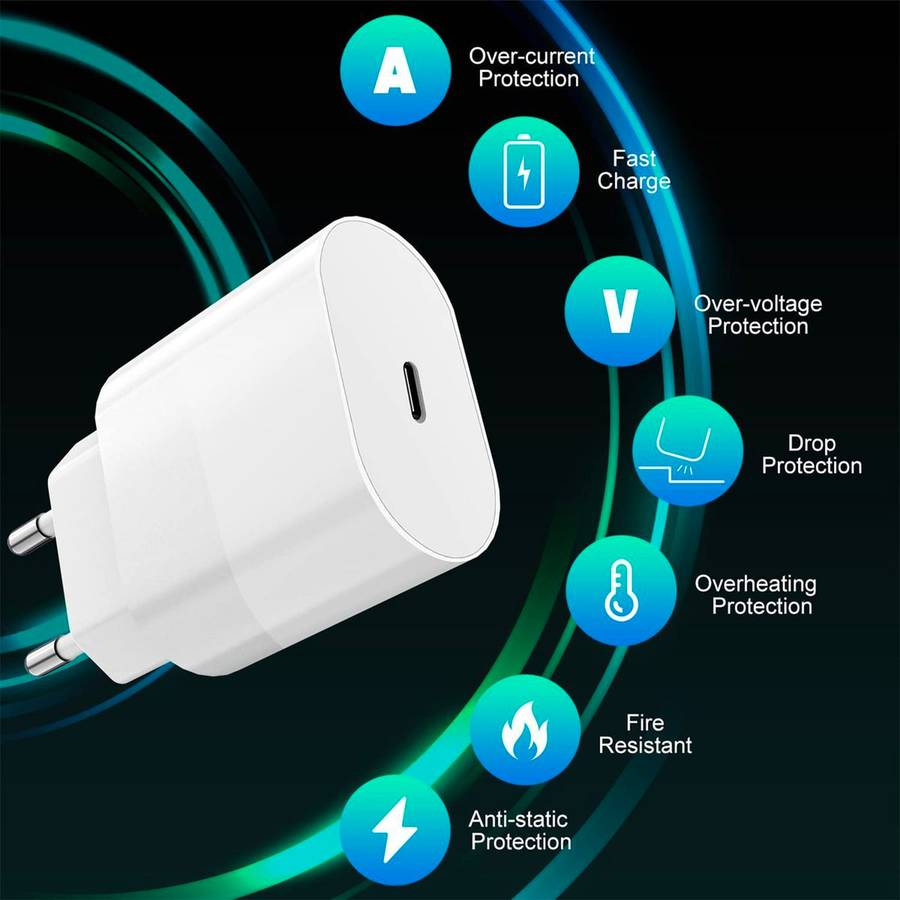 Fast Charger 20W PD For iPhone with USB-C to Lightning Cable