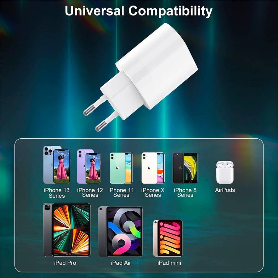 Fast Charger 20W PD For iPhone with USB-C to Lightning Cable