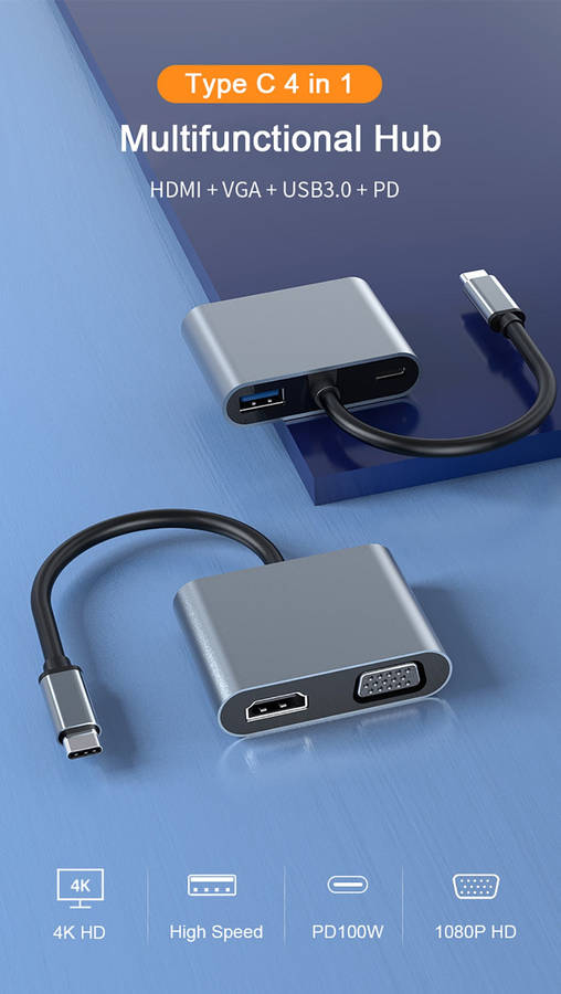 SWEG Gadgets 4-in 1 Hub Type C to PD | 4k HDMI | VGA | USB for MacBook Type-C PC