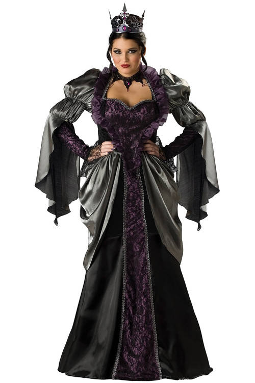 Striking Long Gown Dark Queen Glossy Dark Grey Ruffled Longsleeve Satiny Black Overlaying Violet ...