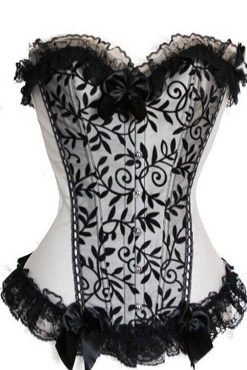 Apricot Corset With Black Floral Pattern on Front Panels, Generous Lace Ruffle Trim and Bows, Fro...