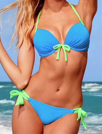 Green and Blue Halter-Style Bikini Swimsuit With Side-tie Bottoms and Front Tie Accent and Underw...
