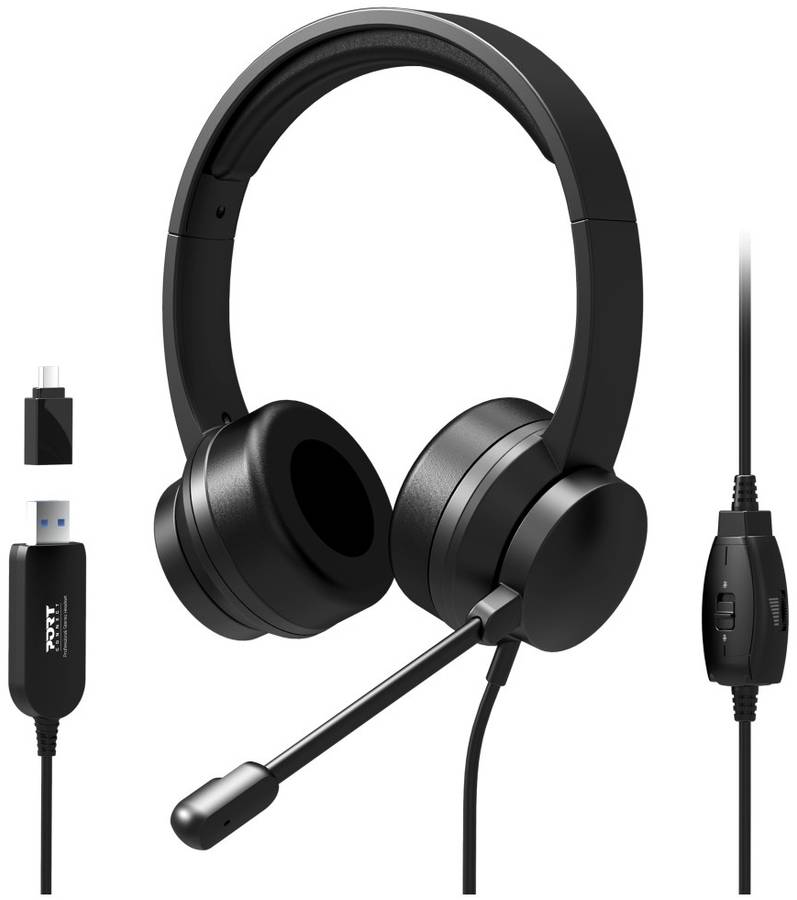 Port headset with Microphone - USB Type-A and USB Type-C - Black