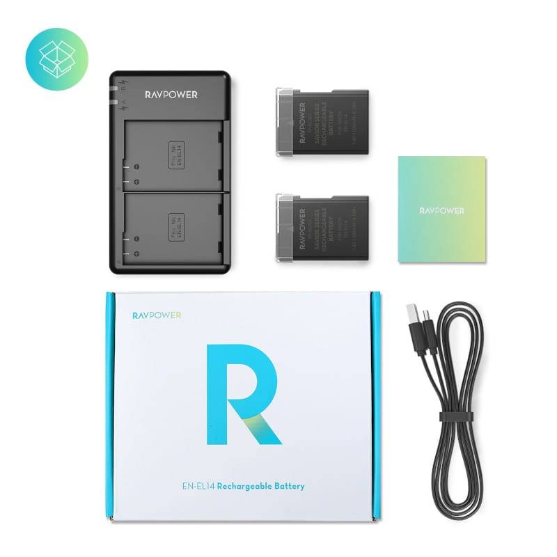 RAVPOWER 2x 1000mAh Replacement Batteries for Nikon EN-EL14(A) with Charger Set Black
