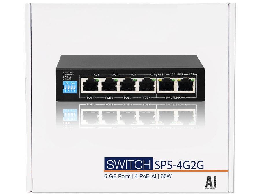 6 Port Gigabit Ethernet Switch with 4 AI PoE and 2 Uplink Ports