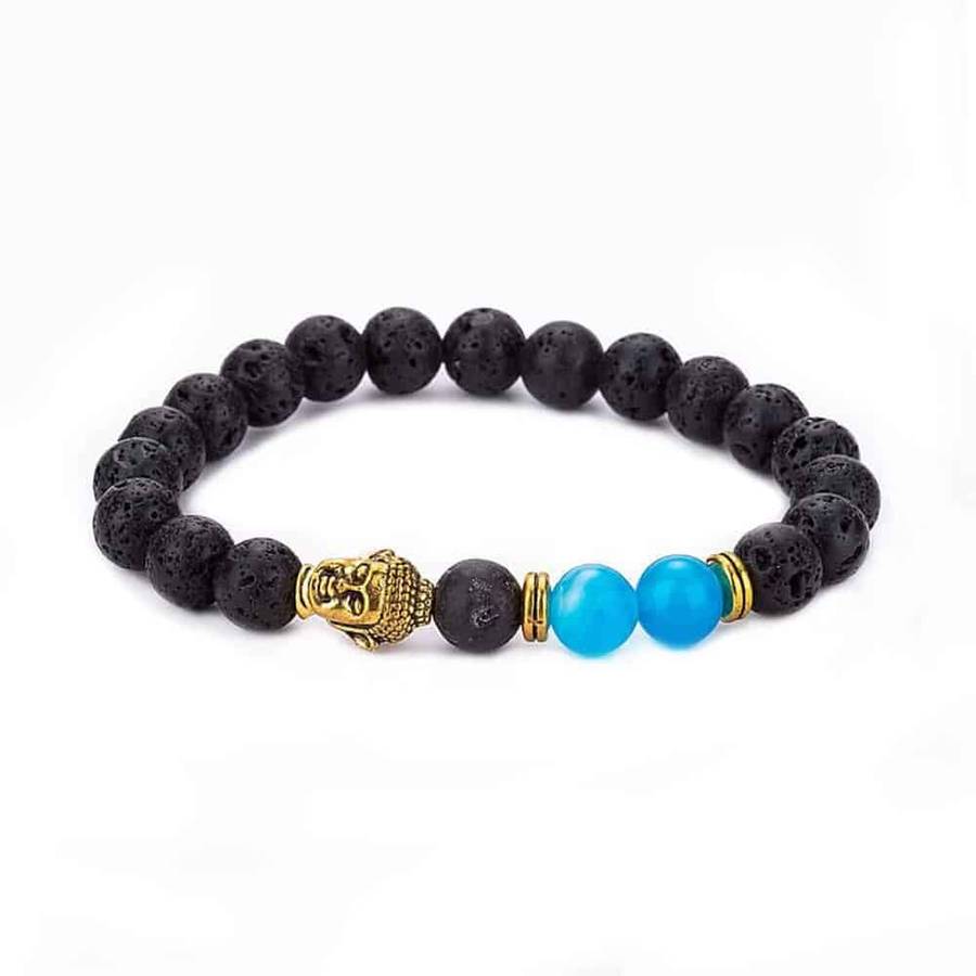 Aroma Oil Diffuser Lava Stone Blue Agate Buddha Bracelet - Black & Blue