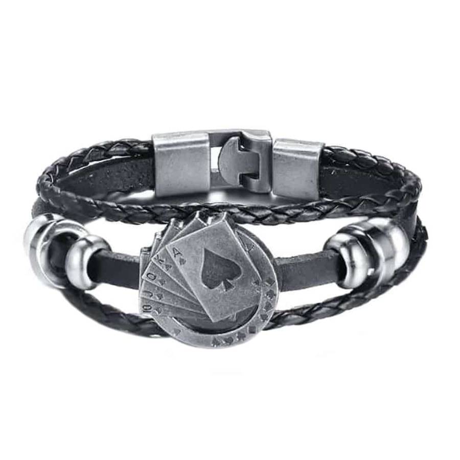 Unisex Braided Vegan Leather Playing Card Charm Bracelet- S/M