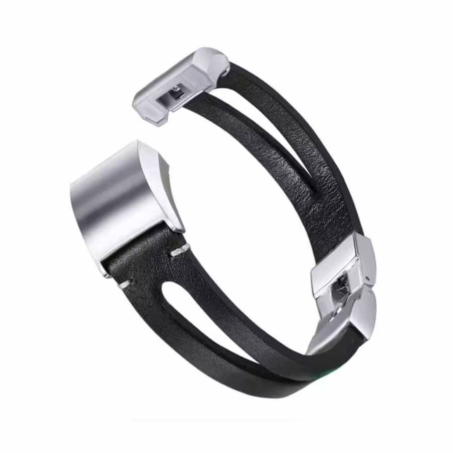Leather Strap with Metal Clasp for Fitbit Charge 2- Black