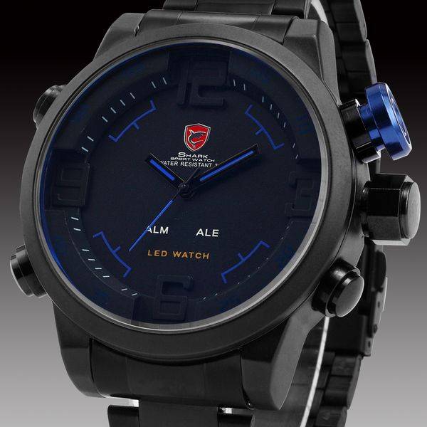 SHARK Digital Dual Movement 50MM HUGE Alarm Stainless Steel Case Leather Strap Sport Watch BRAND NEW