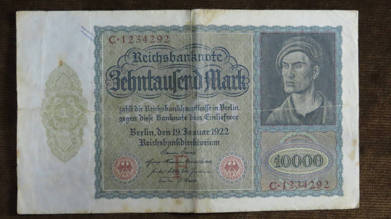 Germany - 10 000 Mark, 1922, p-70 with Green Underprint Back