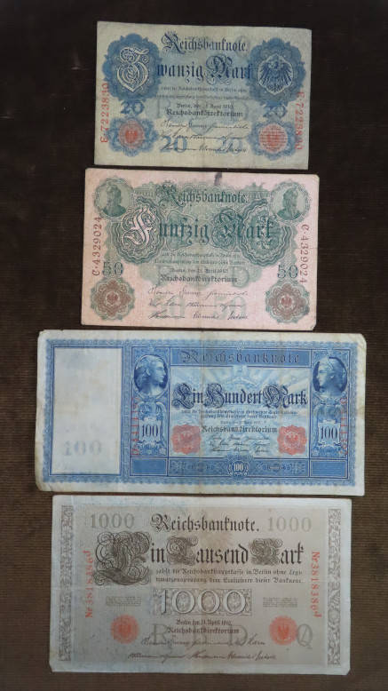 Germany - Set of 1910, 4 Notes, p-40 - 44 , 20 + 50 + 100 + 1000 Mark