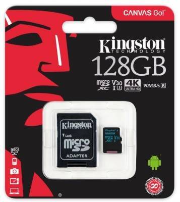 Kingston Canvas Go 128GB microSDHC 90R/45W U3 UHS-I V30 Card + SD Adapter - Kingston