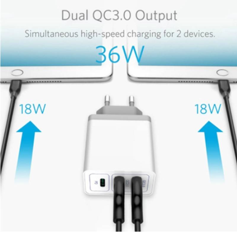 USB Type-C PD Power Delivery and Quick Charge QC3.0 36W Wall Charger Adapter  - White - 0.98g