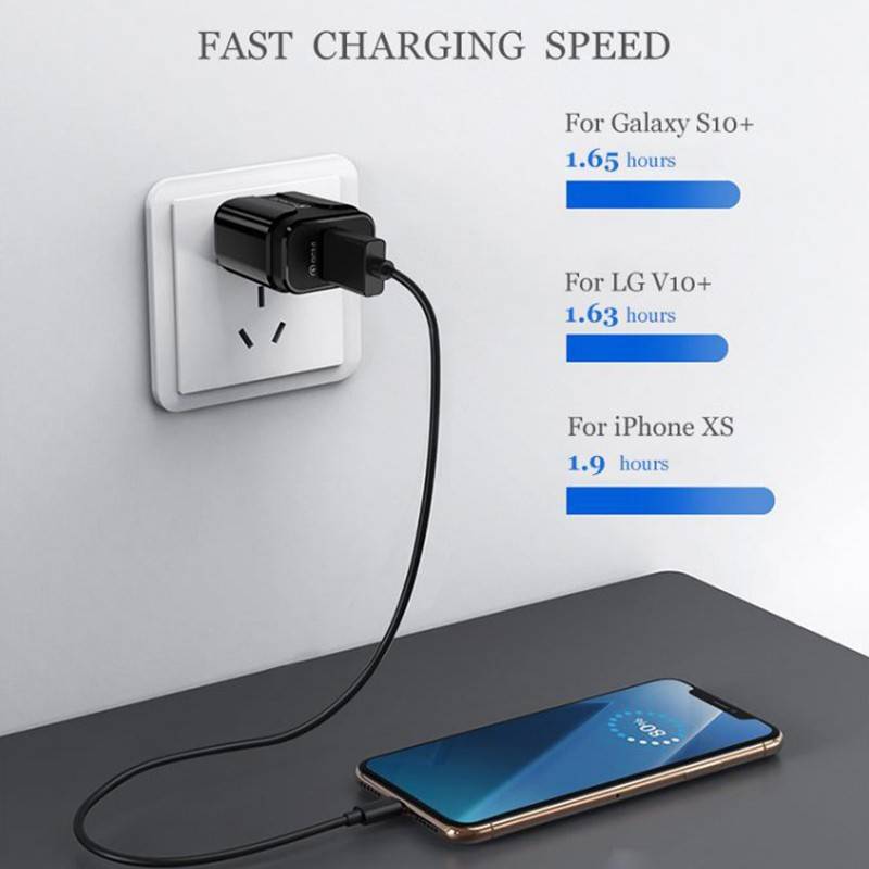 Universal USB Mobile Phone AC Wall Charger Plug Adapter 18W Quick Charge QC 3.0 - Black (2 Pack) -