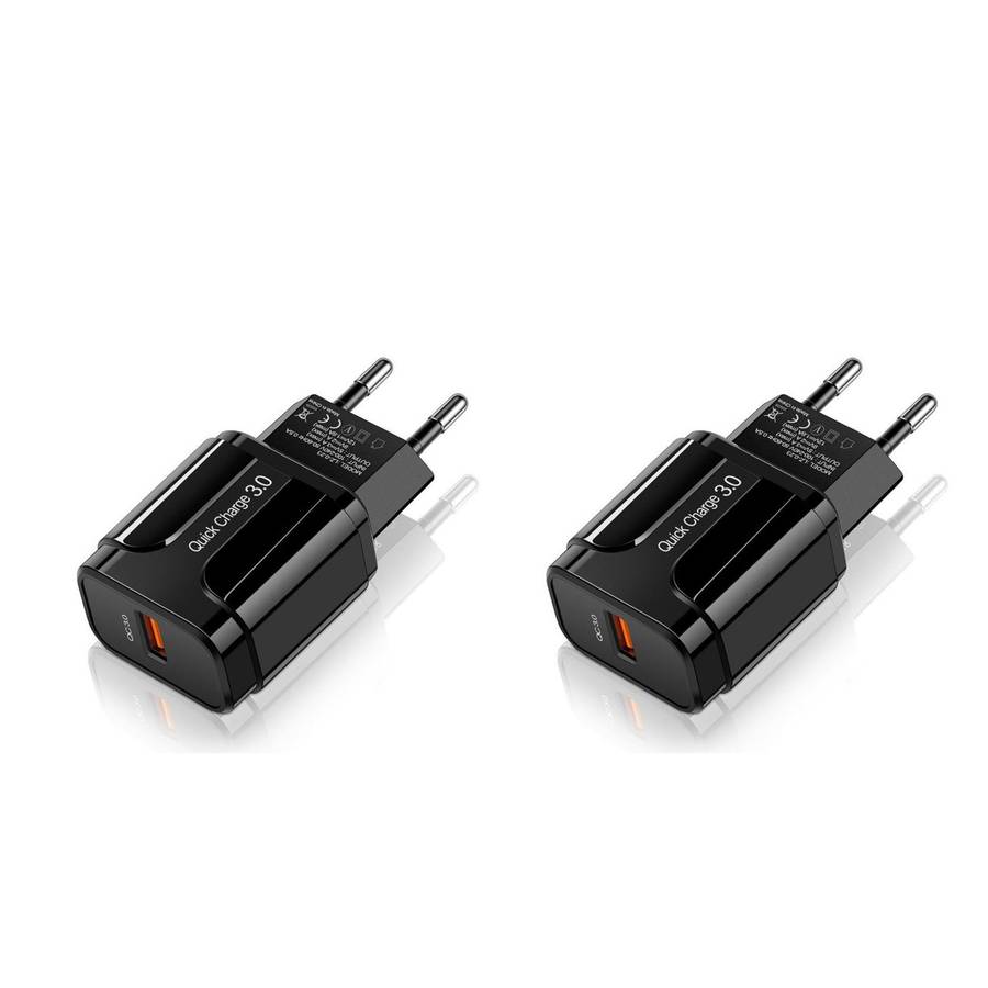 Universal USB Mobile Phone AC Wall Charger Plug Adapter 18W Quick Charge QC 3.0 - Black (2 Pack) -