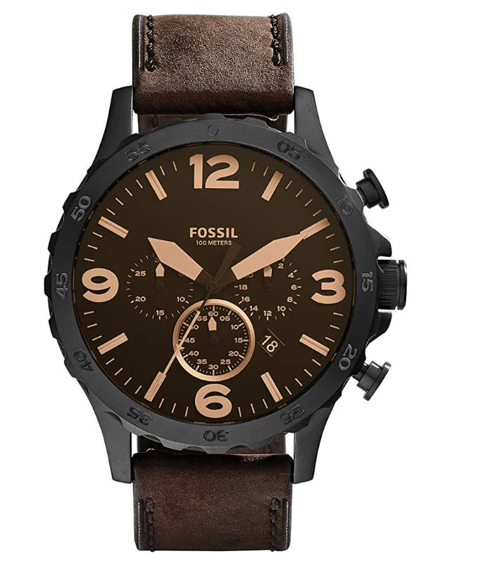Fossil Men`s Nate Quartz Stainless Steel and Leather Watch - Black/Brown
