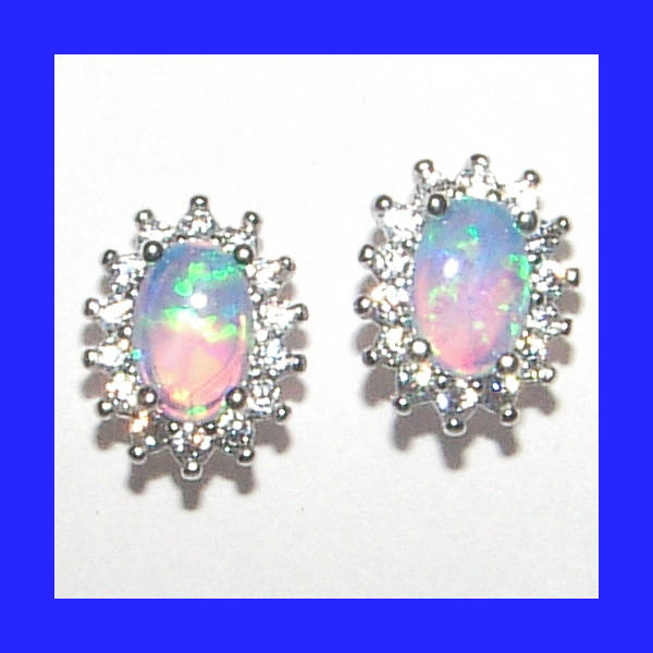 Cluster Halo Opalite And Cubic Zirconia Stud Earrings In Solid Sterling Silver